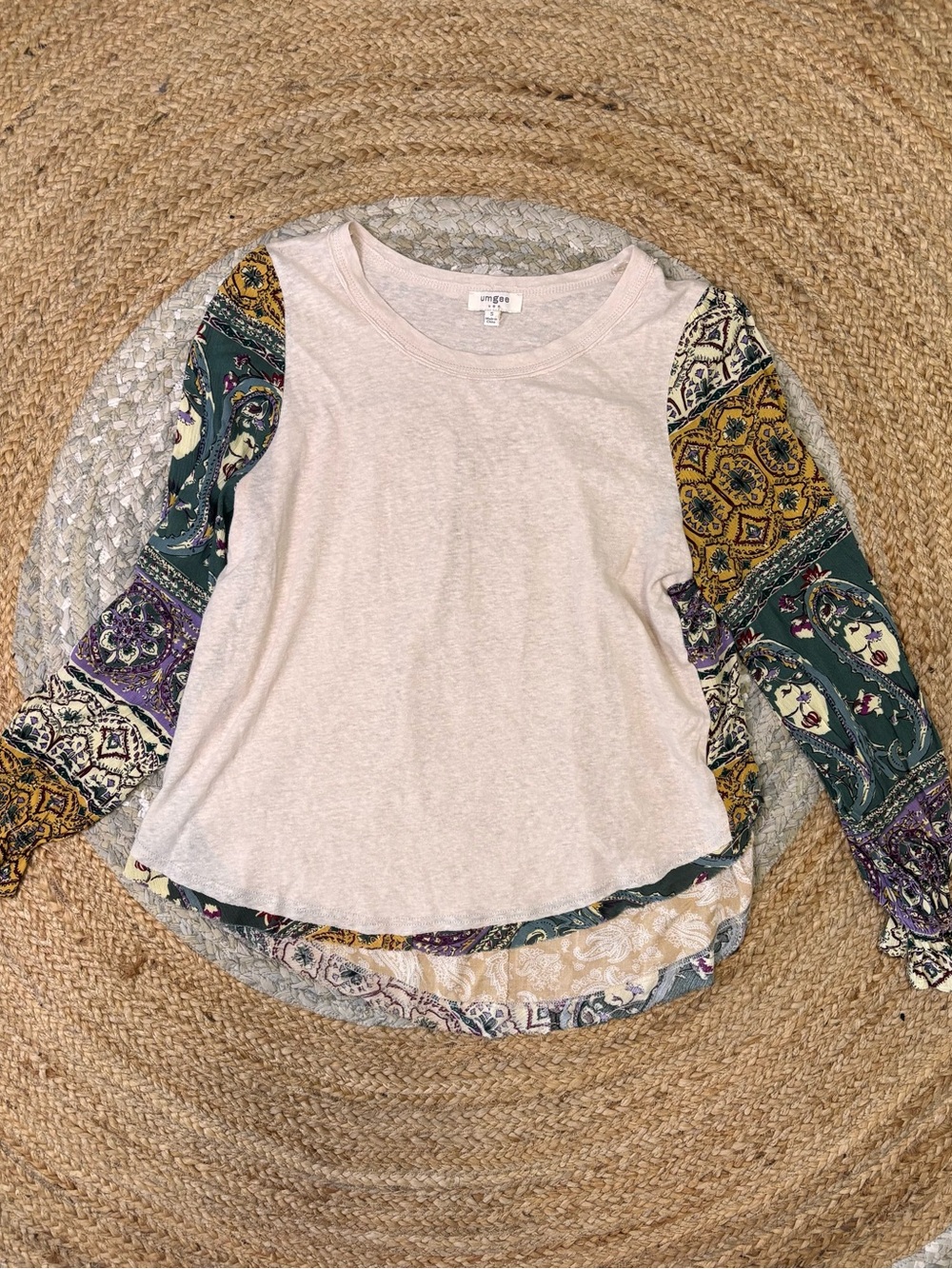Umgee Cream Top with Green, Mustard & Purple Patchwork Sleeves